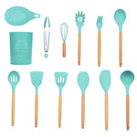 9/10/12PCS Silicone Cooking Utensils Set Non-stick Spatula Shovel Wooden Handle Cooking Tools Set With Storage Box Kitchen Tools